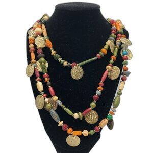Vintage Gold Coin Wood Bead Multicolor Three Strand Statement Necklace